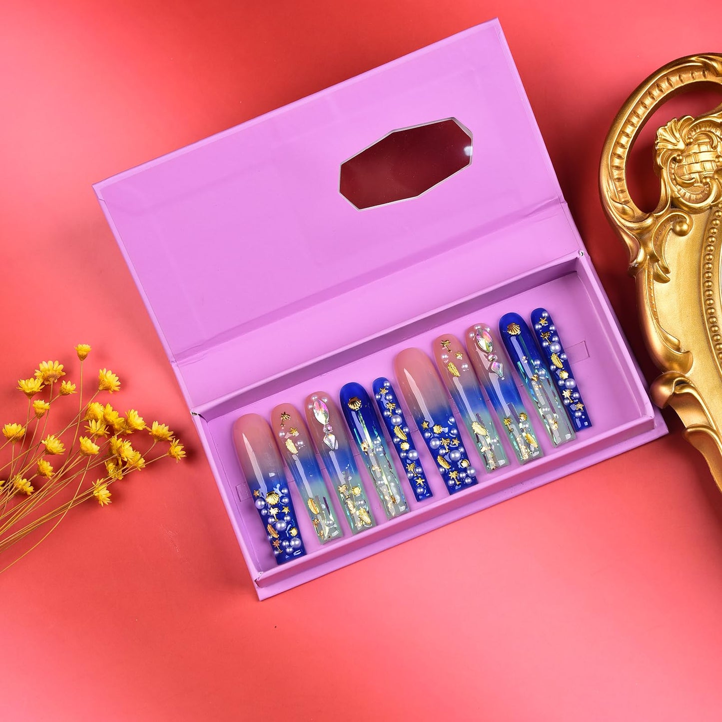 Tmani 10pc/set Extra Long Handmade Press On Nail Hot Girl's Long Ballet Nails Square Nail Full of Diamond Glitter Decoration Fake Nails Suitable For Girls Festival Parties and Birthday Gift (116,S)