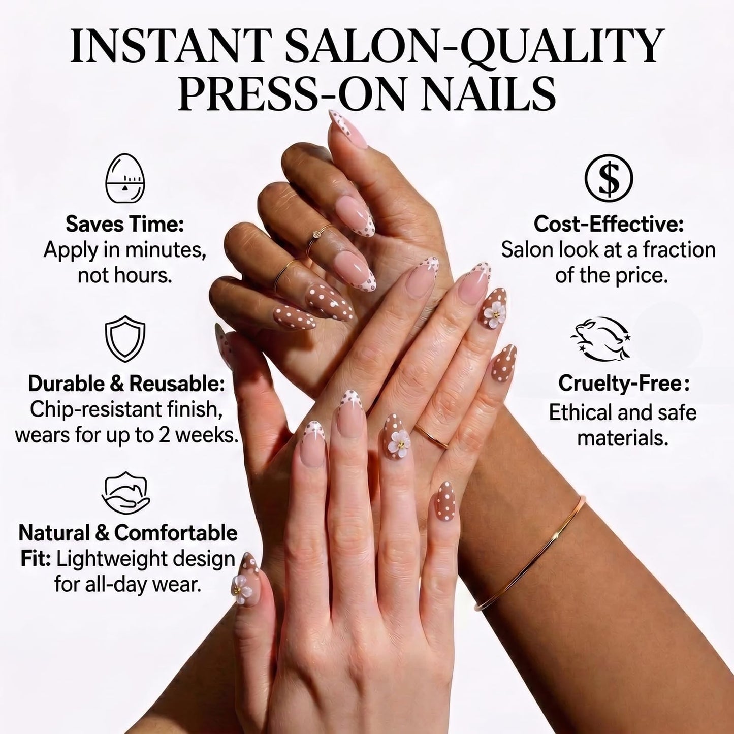 IMRAIN Almond Press on Nails, Medium Fake Nails, Nude Brown French Tip 3D Floral Polka Dot, 24 Pcs Reusable Glue on Nails for Women, Salon Quality