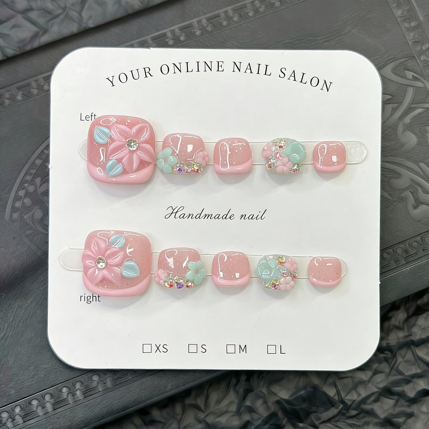 10 Pcs Handmade Luxury Press on Toenails with Handmade 3D Bling Rhinestones & Flower Designs Short Square Stick on Toe Nails Pink French Tip Fake Toe Nails for Women Manicure Decor (M)