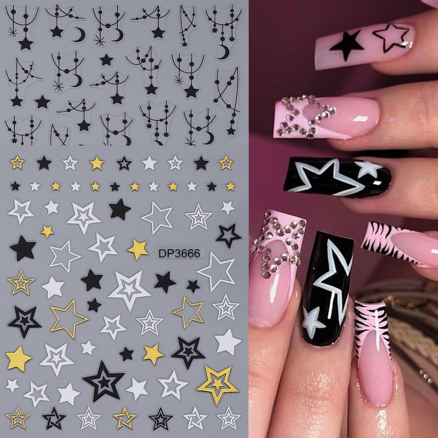 Hollow Star Nail Stickers Decals 12 Sheets Y2K Styles Star Nail Art Stickers Shiny Gold Silver Hot-Pink Black White Stars Nail Designs 3D Self Adhesive DIY Glitters Accessories Manicure Decoration