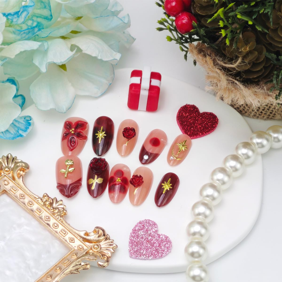 30Pcs Romantic Valentines Press on Nails Short Almond French Tip Fake Nails Red Exquisite Flowers Pearl Designs 3D Handmade Rose False Nails Gilding Full Cover Acrylic Stick on Nail for Women DIY