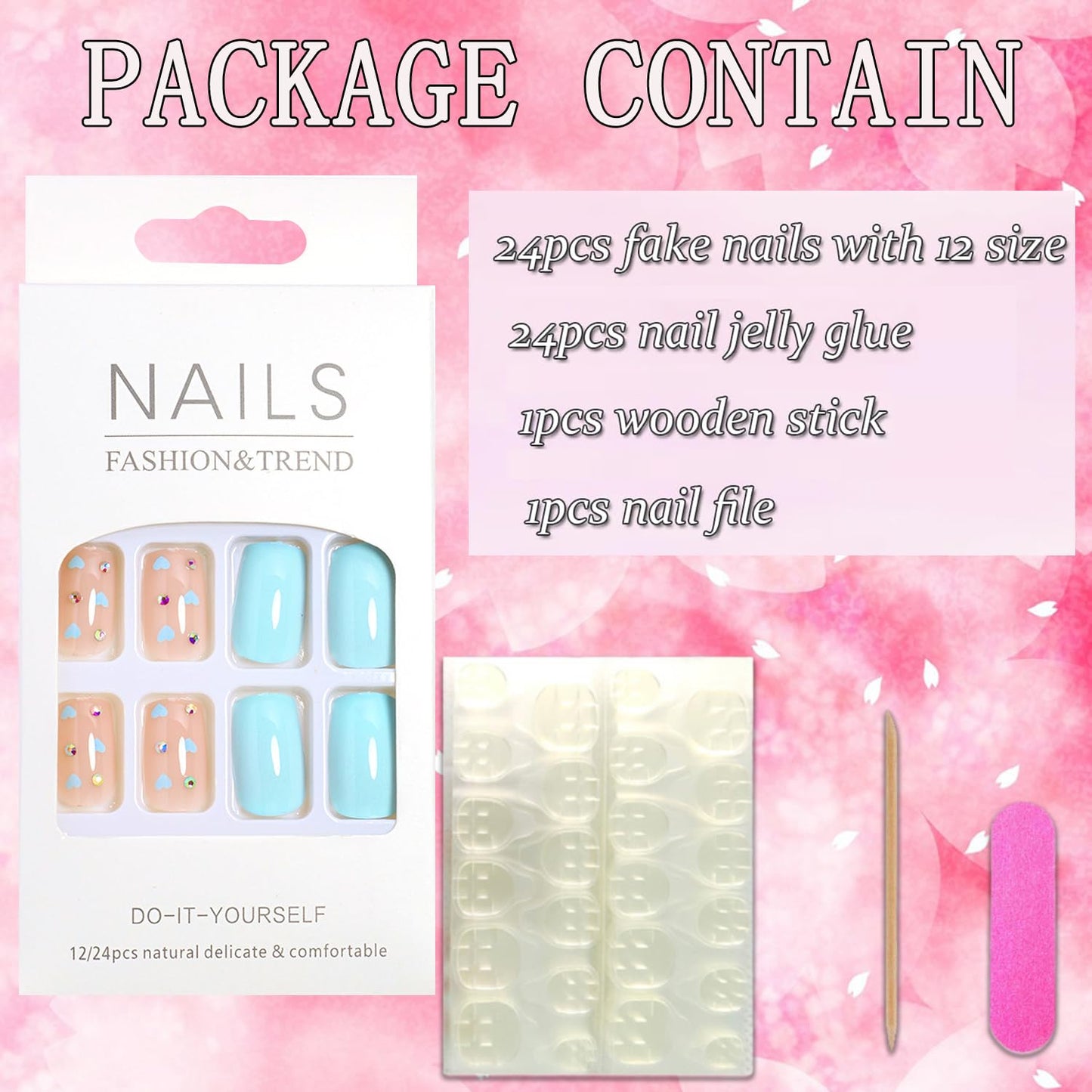 Vezocim Press on Nails Medium Blue Heart 24Pcs Glossy Full Cover Square False Nails with Rhinestone Designs Artificial Coffin Fake Nails with Glue Stick on Fingernails for Women