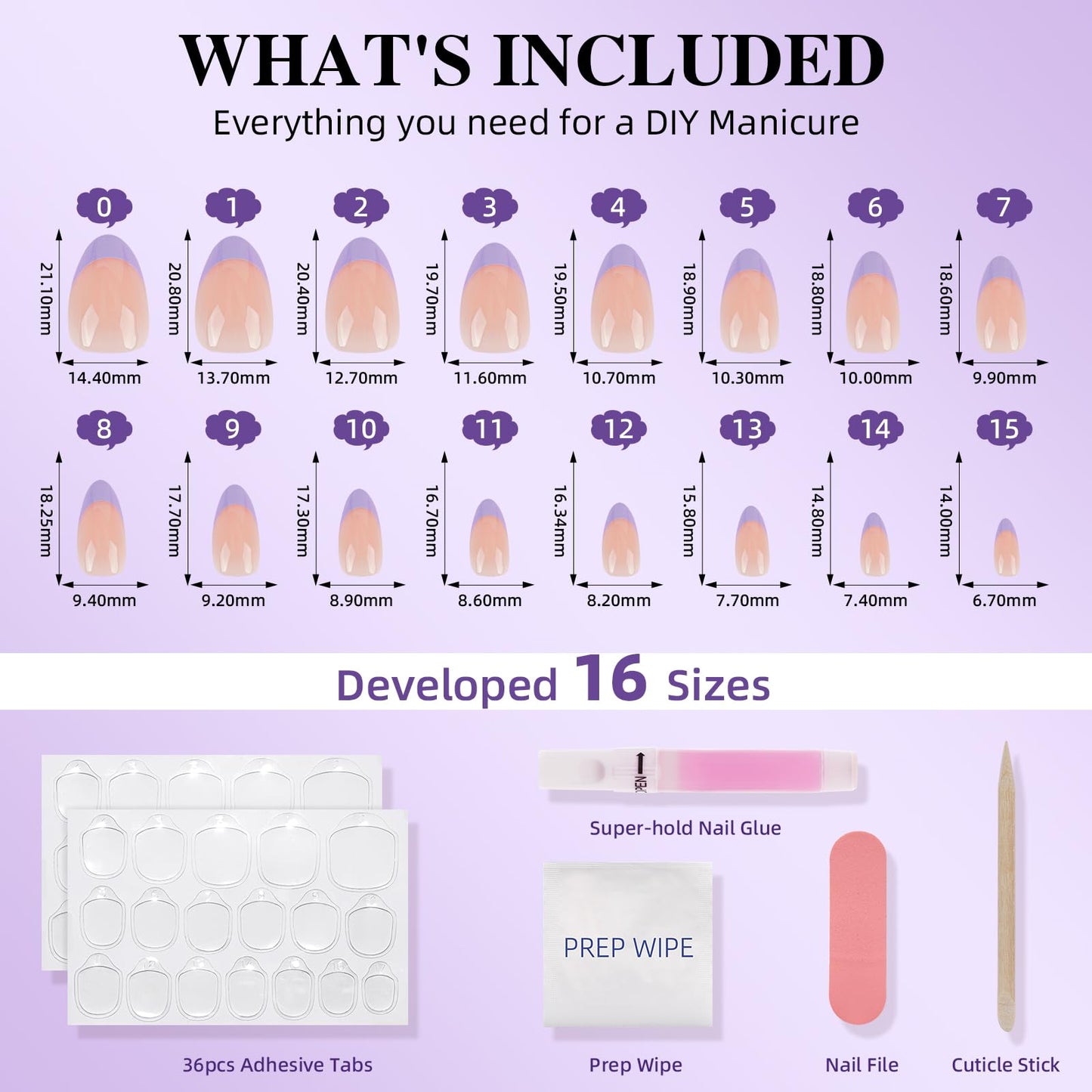 French Tip Press On Nails, Short Almond Purple Tip Design Fake Nails, Reusable Purple Press On Nails with Glue for Women, 32pcs Set in 16 Sizes | Salon Quality