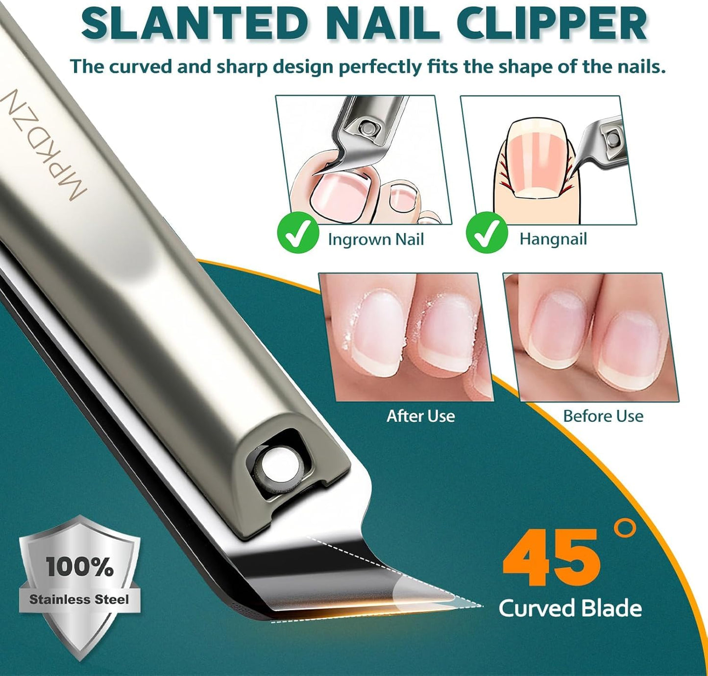 Nail Clipper Set, 5pc Manicure Kit - Stainless Steel Toenail Clippers, Home & Family Travel Essentials, Precision Grooming Set with Portable Case - Brushed Silver