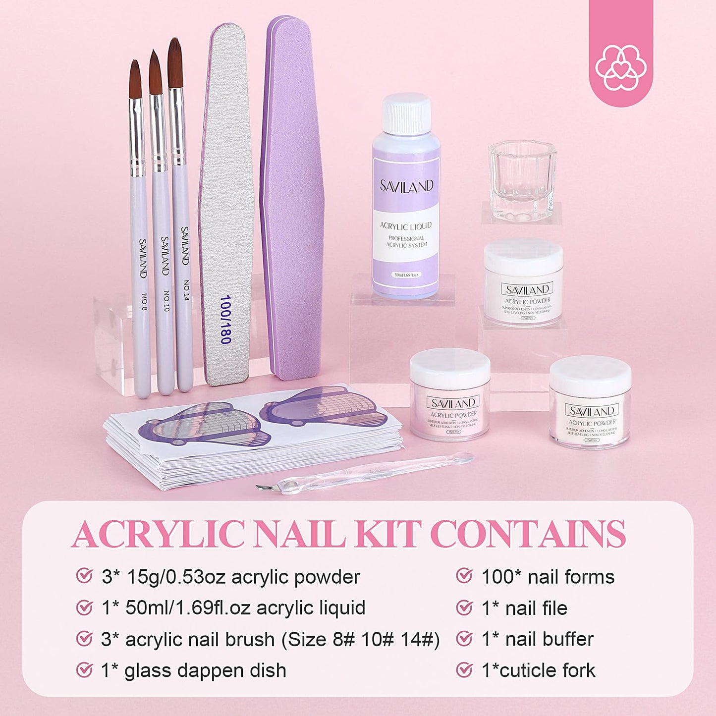 SAVILAND Acrylic Nail Kit Starter Set: Acrylic Nail Kit for Beginners with Everything White Pink Clear Acrylics Powder and Liquid Set #8/10/14 Nail Brush Forms Manicure Tools Home Nail Salon DIY