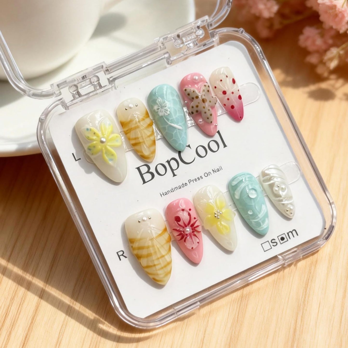 Luxury Handmade Press-On Nails – Medium Almond 3D Flower & Pearl French Tip, Blue Ocean Spring Pattern Reusable Acrylic False Nails (M-10PCS)