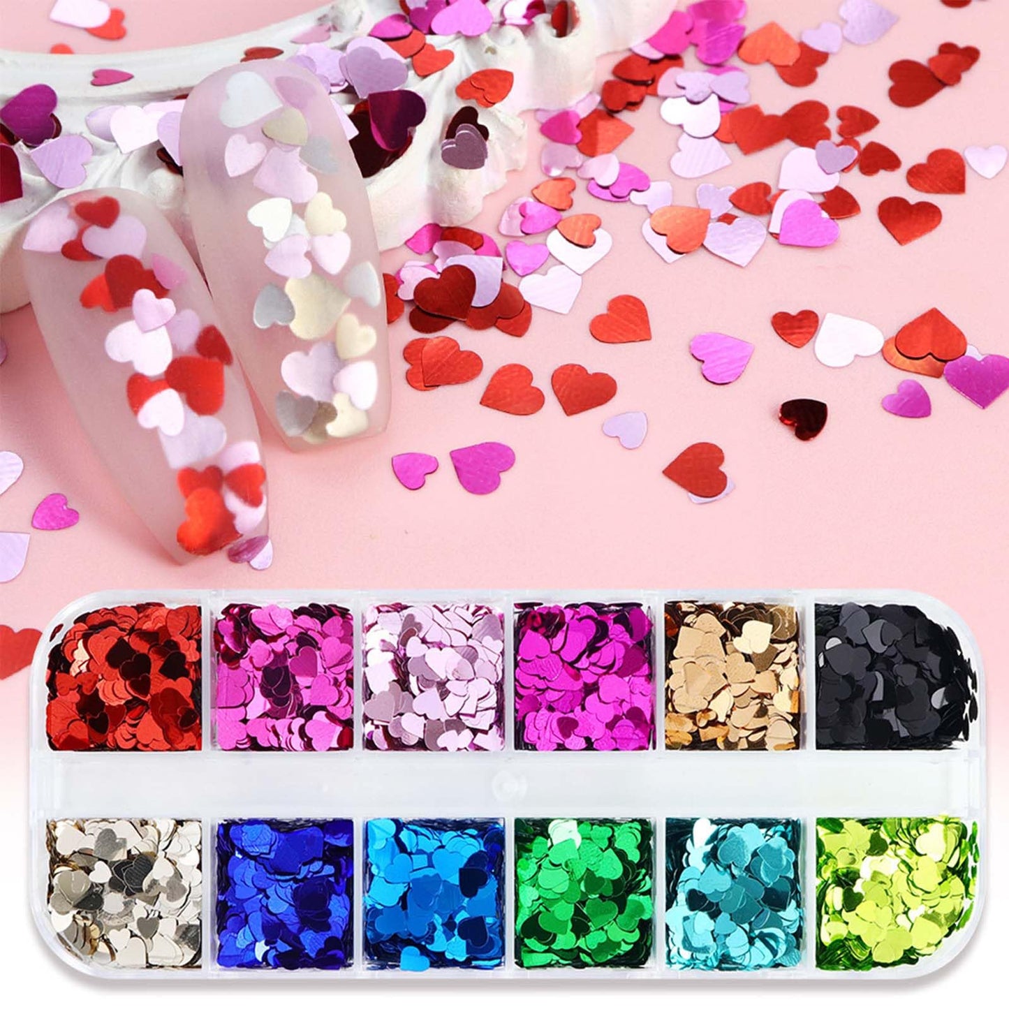 2Box Heart Nail Stickers Glitter Decal Valentine’s Day Nail Glitter Sequins 3D Holographic Laser Nail Sequins Colorful Nail Glitter Flakes Love Nail Sequins Design for Women Acrylic Nails Accessories