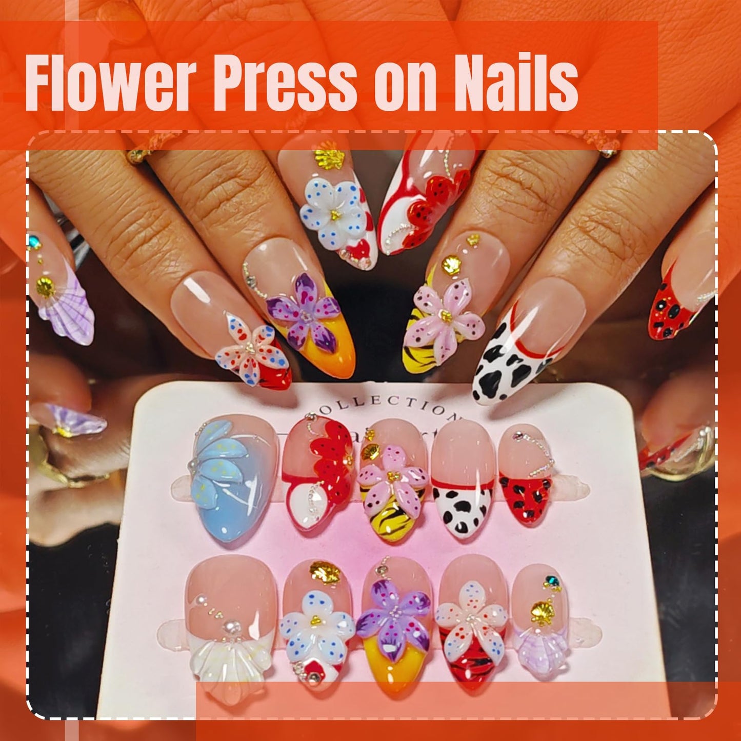 Handmade Acrylic Press On Nails Almond, 3D Press On Nails Medium, Flower 3D Red Nails French Tip Preal Shell Leopard For Women Gift, Reusable Stick On Fake Nails Kit With Nail Glue(Lush Garden-L)