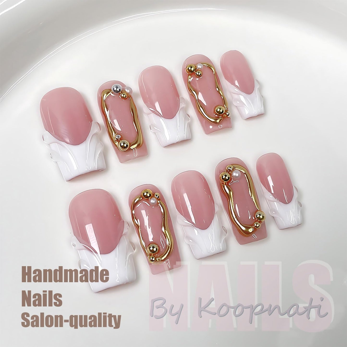 Handmade Press On Nails Short Square White Homemade Press On Nails French Tip With 3D Design Fake Nail Art For Women S