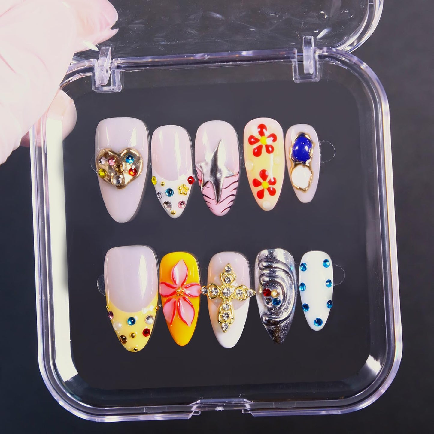 MXYIYANR Press on Nails Almond Fake Nails, Hnadmade French Tip False Nails with 3D Design Fingernails, Full Cover Stick on Nails for Women Manicure 10 Pcs (M)