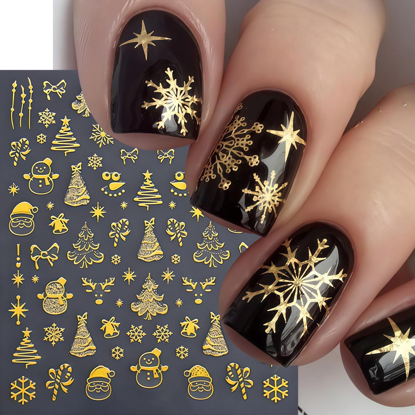 8 Sheets Glitter Christmas Nail Art Stickers Gold Snowflake Nail Decals Santa Claus Gingerbread Man Star Nail Design Snowmen Plaid Bow Christmas Lights Nail Supplies for Women DIY Nails Accessories