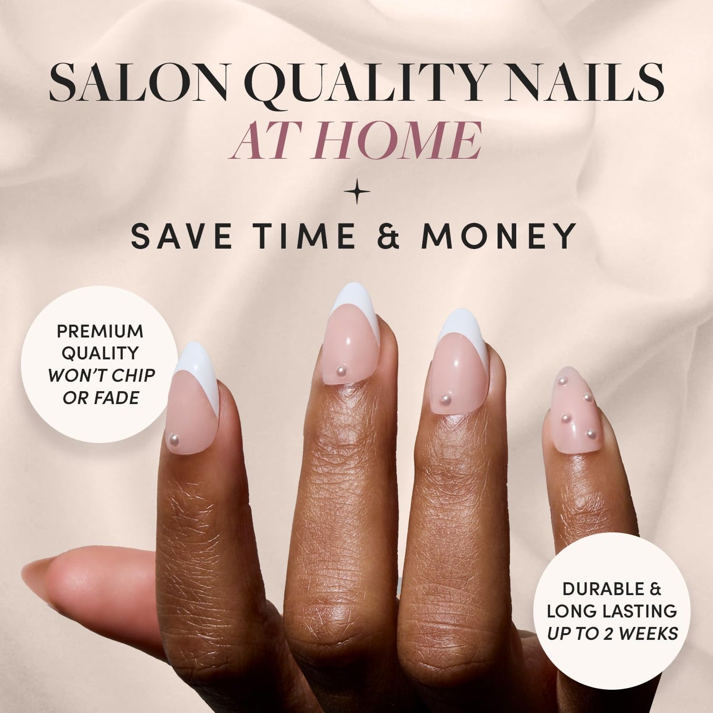 Glamnetic x GLAMZILLA Press-On Nails - ALWAYS & FOREVER | Short Almond French Tip Fake Nails with 3D Pearls | 15 Sizes - 30 Nail Kit with Glue and Remover