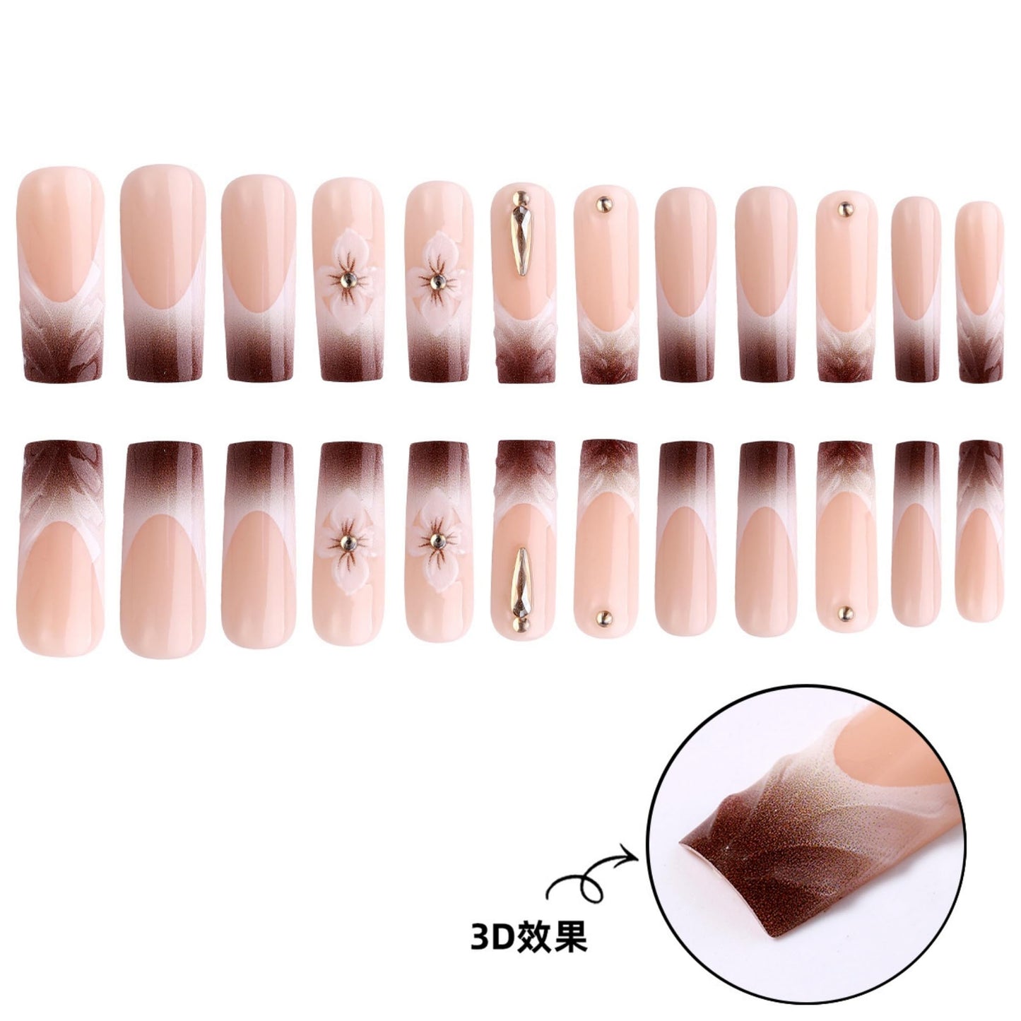 Octoswave Square Press on Nails Medium Fake Nails Brown French Artificial Nail Flowers and Embossed Stick on Nail for Women 24pcs