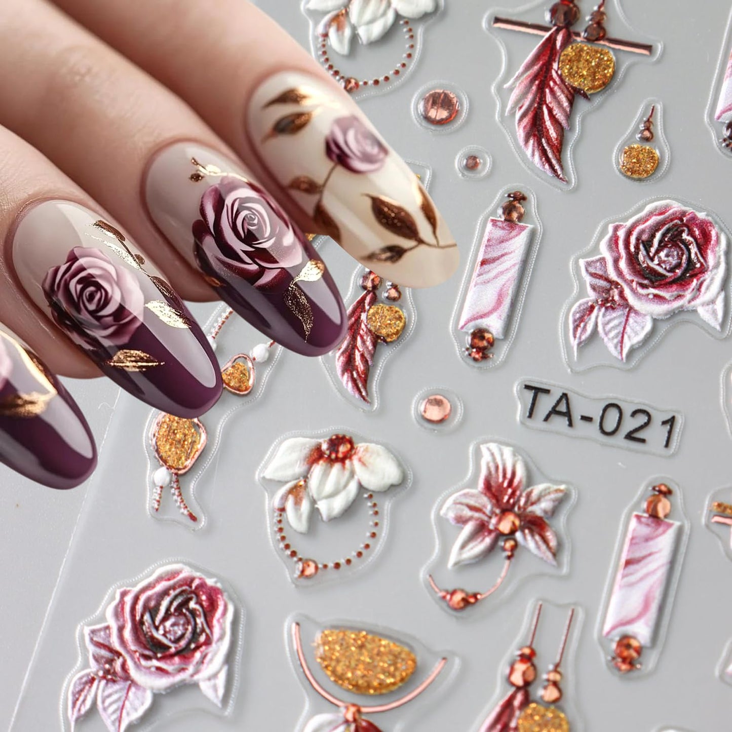 2Sheets 5D Embossed Flower Nail Art Stickers Self-Adhesive Smudge Rose Flowers Feather Nail Decals with Rhinestone Design Nail Sticker Cute Floral French Nail Decal for Women Autumn Winter Nails Decor
