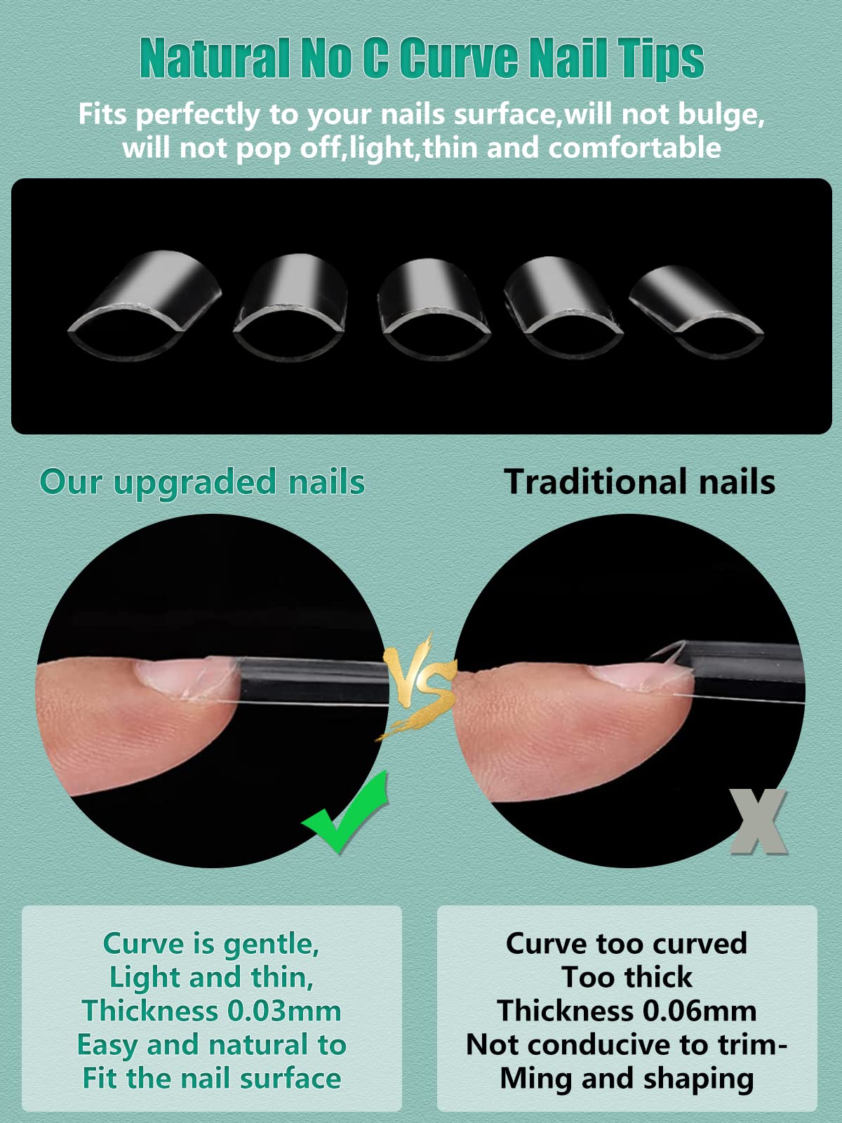 480PCS Extra Long NO C Curve Nail Tips XL, 2 Packs Natural and Clear Nail Tips for Acrylic Nails Professional Set, 12 Sizes Straight Tapered Square Press on False Nail Tips for Nail Art Salon Home DIY