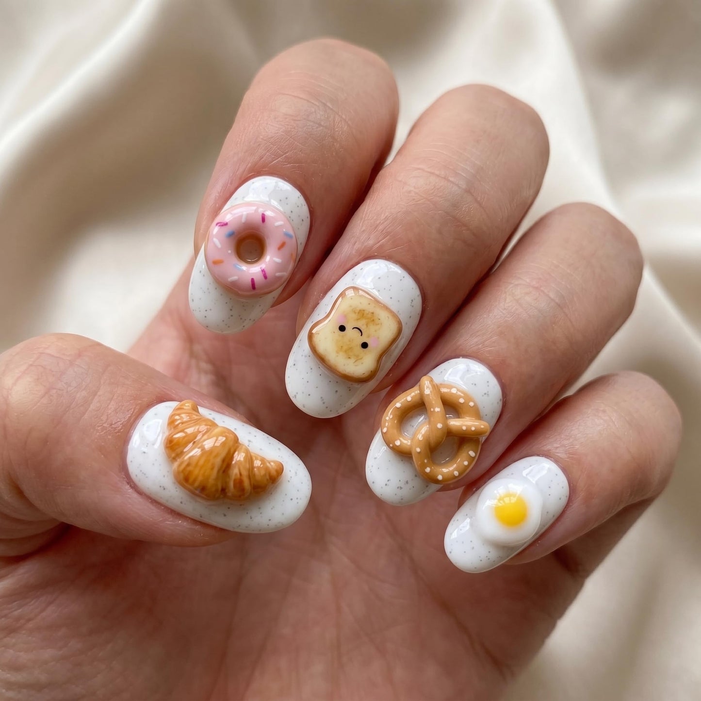 Press On Nails Oval Short, Handmade White Glitter Acrylic Fake Nails, Kawaii 3D Breakfast Food Cute Design, Reusable Glossy, Custom Made to Order