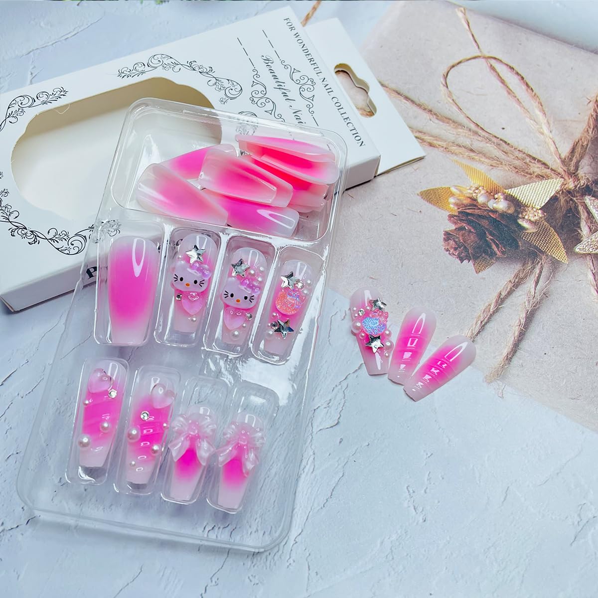 YKLWNN 24Pcs Pink Press on Nails Long Square Fake Nails with Cute Nails Rhinestones Design Acrylic Glue on Nails Full Cover Y2K False Nails Pink Artificial Nails for Women Girls Nail Decoration