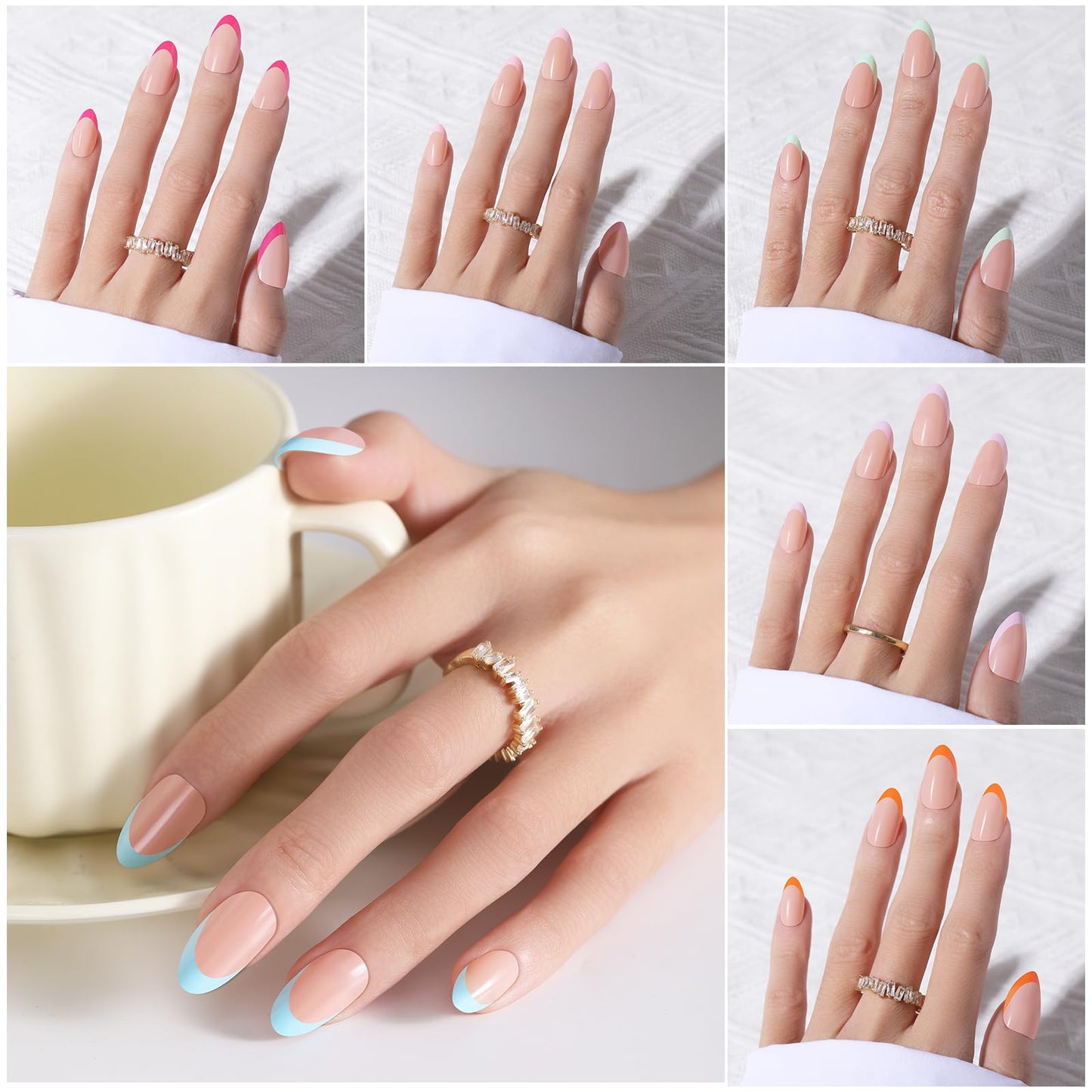 300Pcs French Tip Press on Nails, OPkssnails French Press On Nails Short Almond, Pre-shaped No Need to File 3 in 1 Gel Nail Tips, Acrylic Fake Nails for Nail Art DIY Extension Designs 15 Size