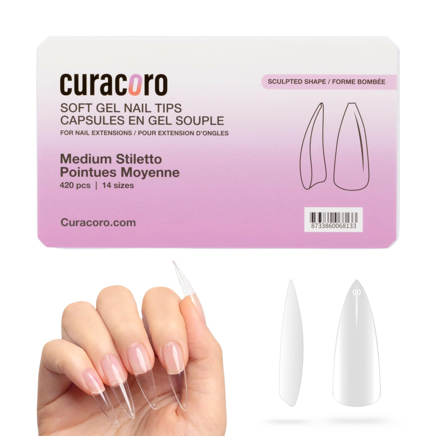 Curacoro Sculpted Medium Stiletto Gel Nail Tips 420Pcs, Clear Full Cover Soft Acrylic Tips 14 Sizes, Easy to Use, Long-Lasting, Glossy Finish