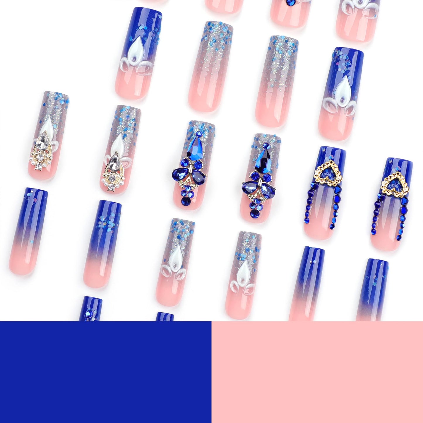 Luxury French Tip Press on Nails Shiny Blue Rhinestones Sequins Fake Nail Acrylic Long Full Cover Stick on Nails for Women Glossy Reusable False Nail 24 PCS 12 Sizes Kit Gift Manicure Decoration