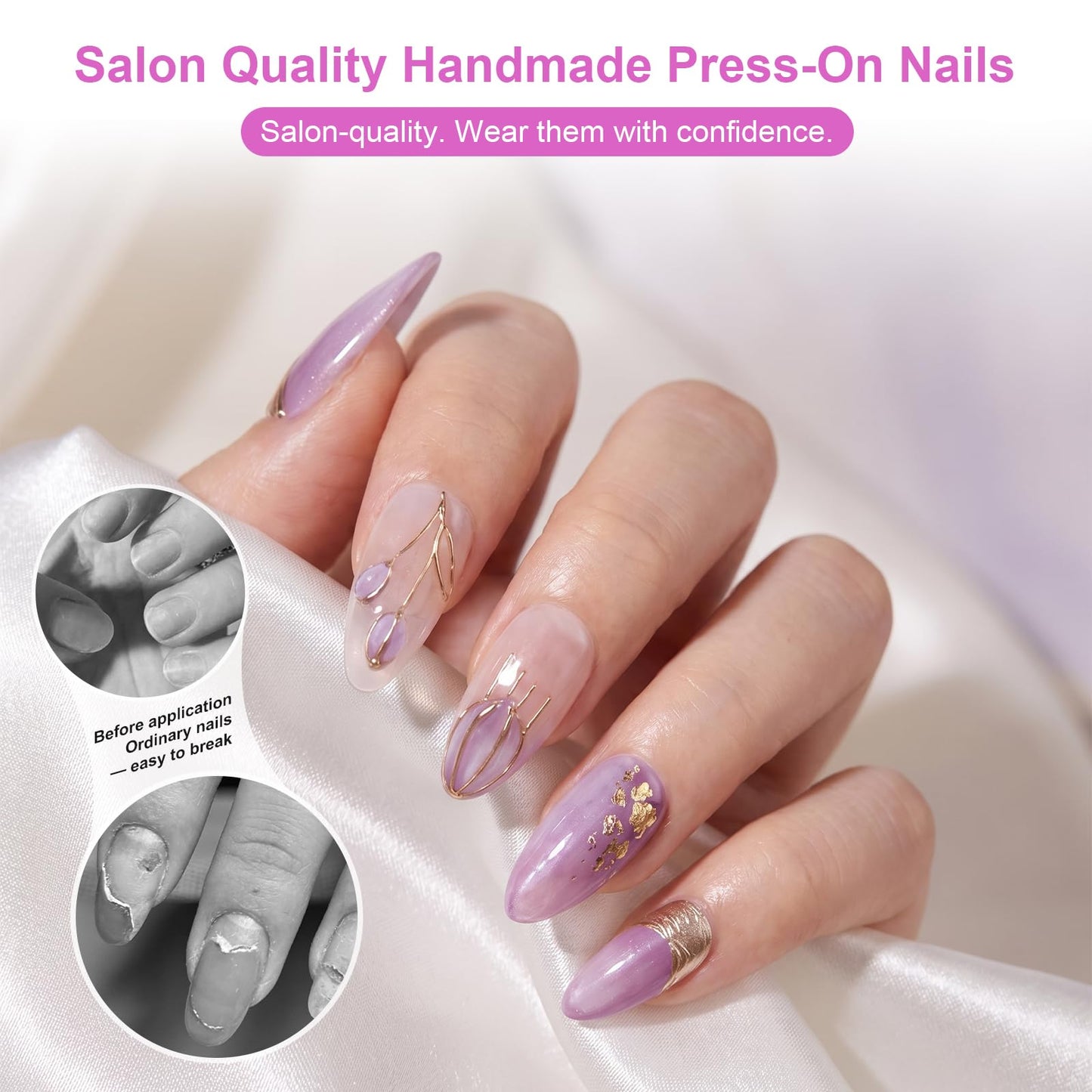 LTXHZYYL Handmade Pres on Nais Amond Purple Nails Press ons 3D Design Reusable ABS Full Cover False Nails Kit-Luxury Medium French Tip Glossy Acryic Fake Nails for Women