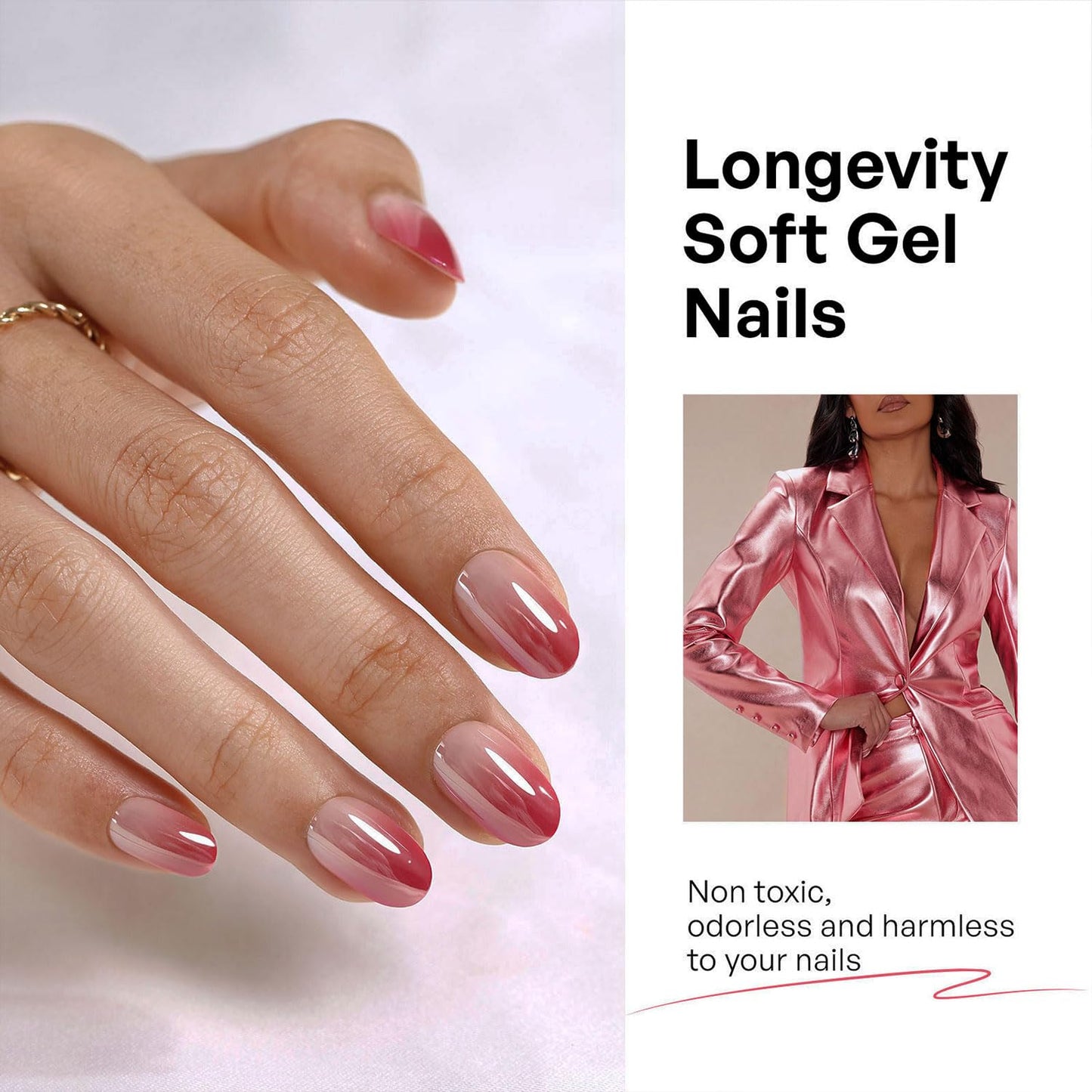Chrome Press on Nails Oval - GJZEZ Soft Gel Pink to Red Ombre Glazed Donut Fake Nails with Glue Gifts for Women Romantic Glossy Gradient Reusable False Faux Nail | 16 Sizes, 32 pcs, Blush Ombre