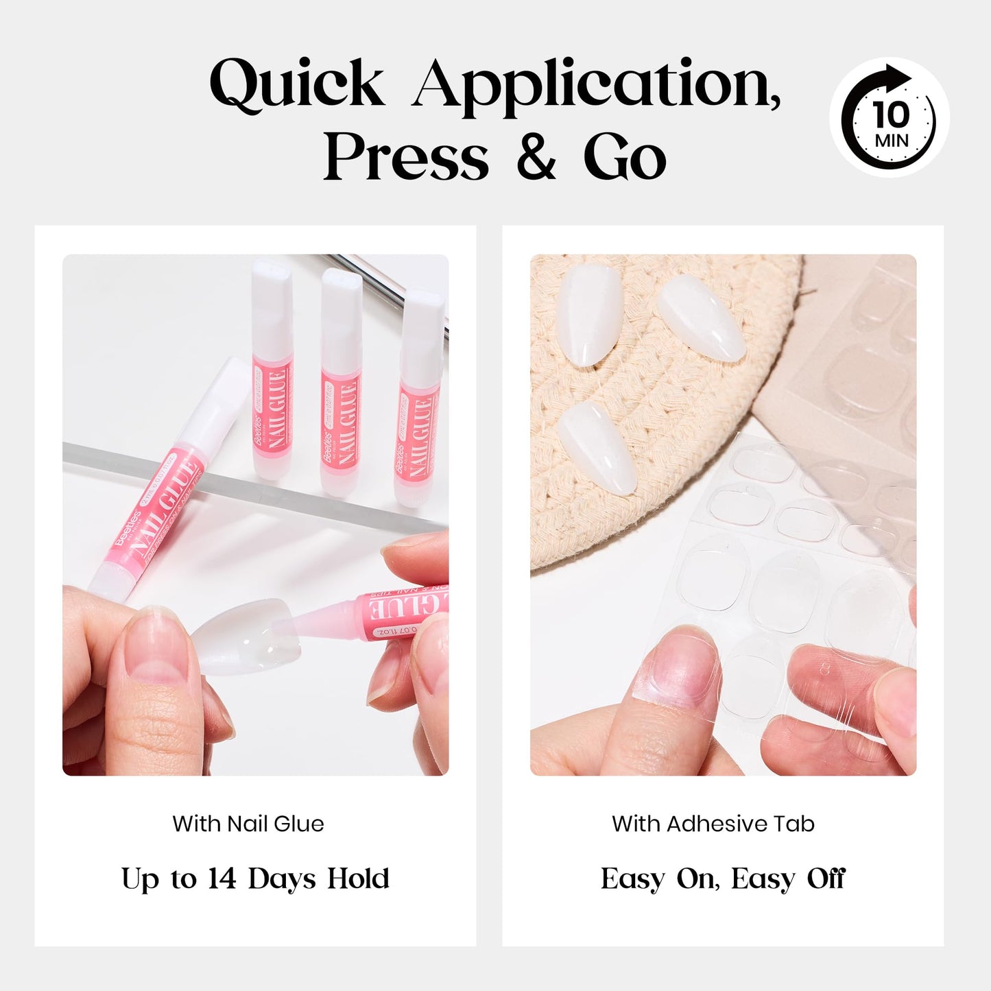 Beetles Natural Milky White Medium Almond Press On Nails - White Almond Press On Nails Soft Nail Gel with Nail Glue Adhesive Tabs Nail File Cleaning Wipe Cuticle Stick, 16 Sizes 32pcs