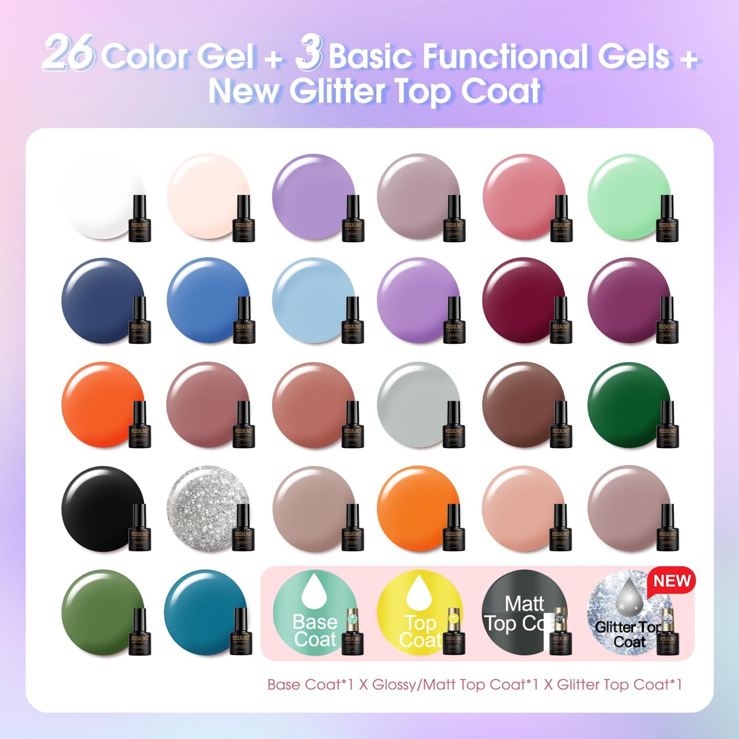 ROSALIND 30PCS Gel Nail Polish Set with Base Glossy Matte and Glitter Top Coat Gel Polish, Wite Blue Green Gel Nail Set Soak Off Gel Polish Set