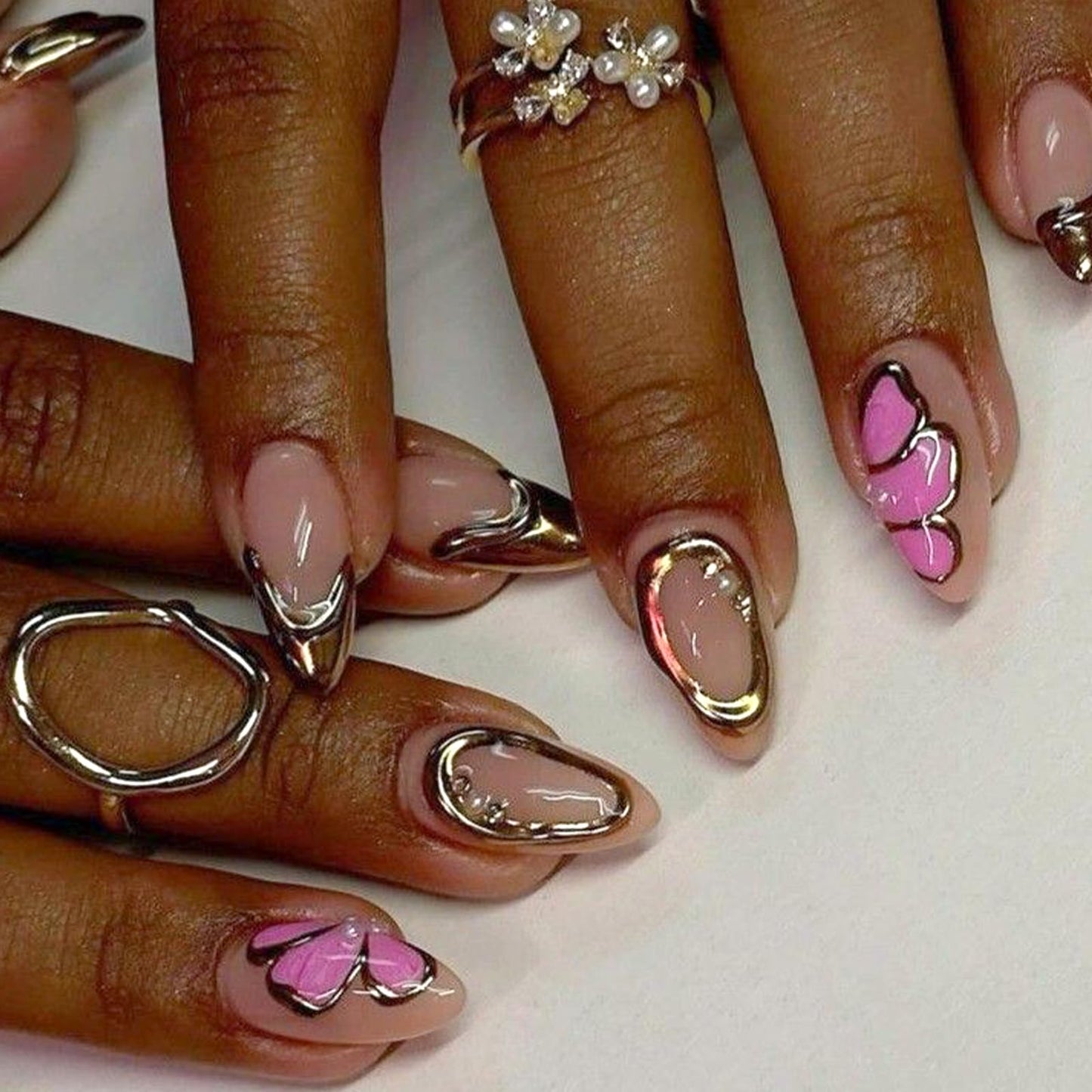 VOTACOS Gold French Tip Press on Nails Almond Medium 3D Butterfly Acrylic Fake Nails Press Ons with Designs Pearl Gold Line Glue on Nail for Women 24PCS Nude Reusable Artificial Stick on False Nail