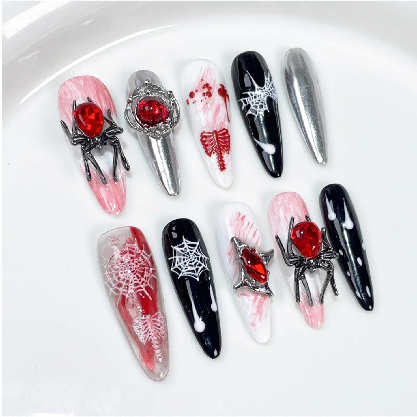 Handmade 3D Gothic Spider Web Red Rhinestone Stiletto Press On Nails, Dark Halloween Artisan Nails Set, Reusable Glossy Press-ons with Tool Kit(S)