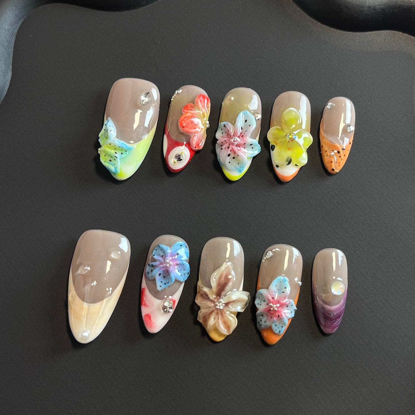 Luxury Press on Nails Medium Almond Handmade 3D Unique Reusable ABS Material Fake Nails French Tip False Nails with Designs Rhinestones Flower Art Petal Glossy Glue on Nails Thick Acrylic Nails(M)