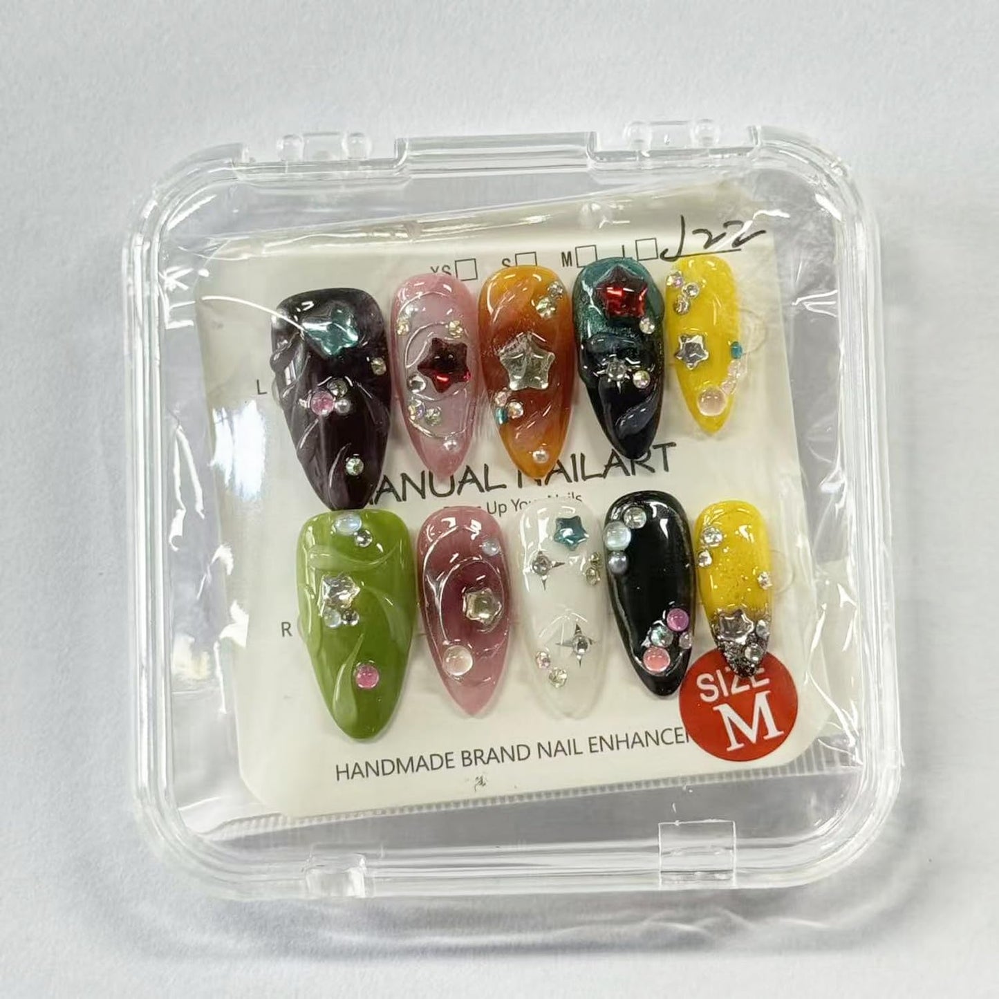 3D Press on Nail Almond Shape Fake Nails Full Cover Coloful Press ons with Rhinestones Star designs Cute False Nails Glossy Handmade Glue on Nails for Women Summer10pcs（m Size）