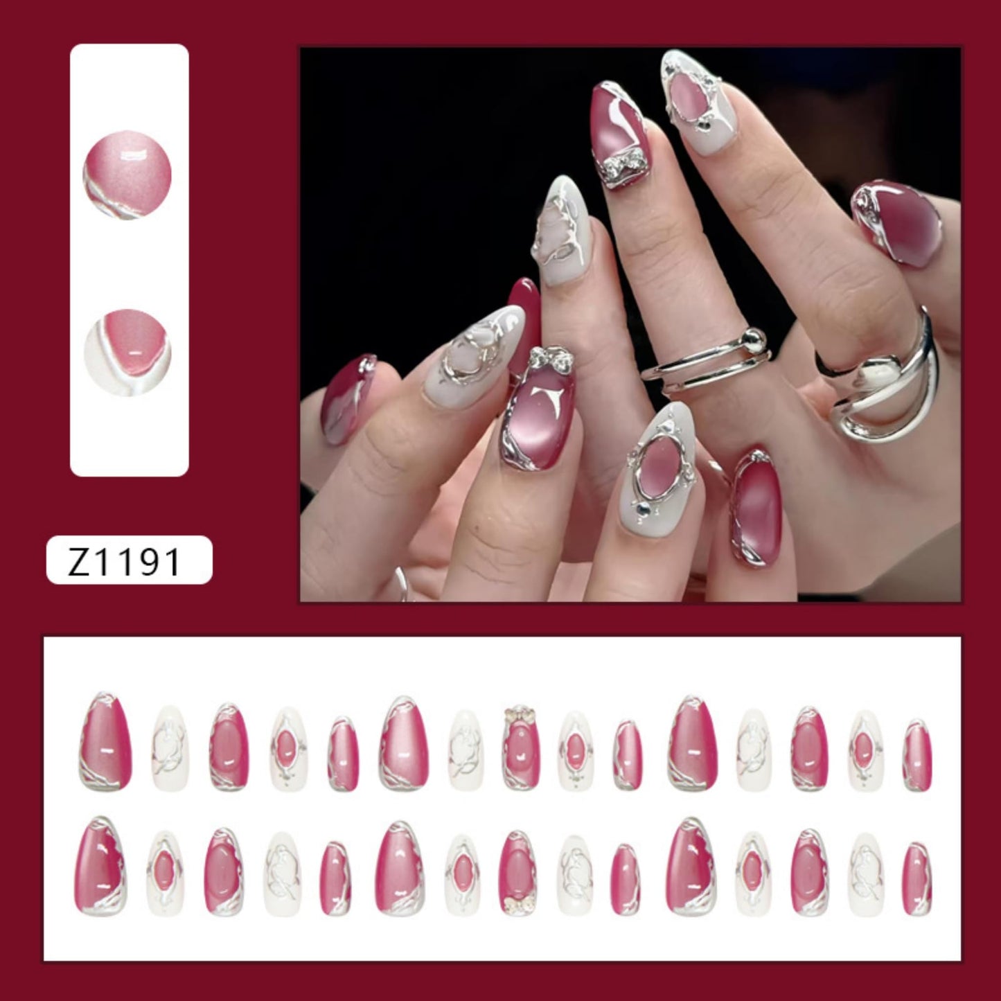 Almond Press on Nails Medium Fake Nails Pink Artificial Nail Cat Eyes Rhinestones Bow Handmade Sparkly Stick on Nail for Women 24pcs