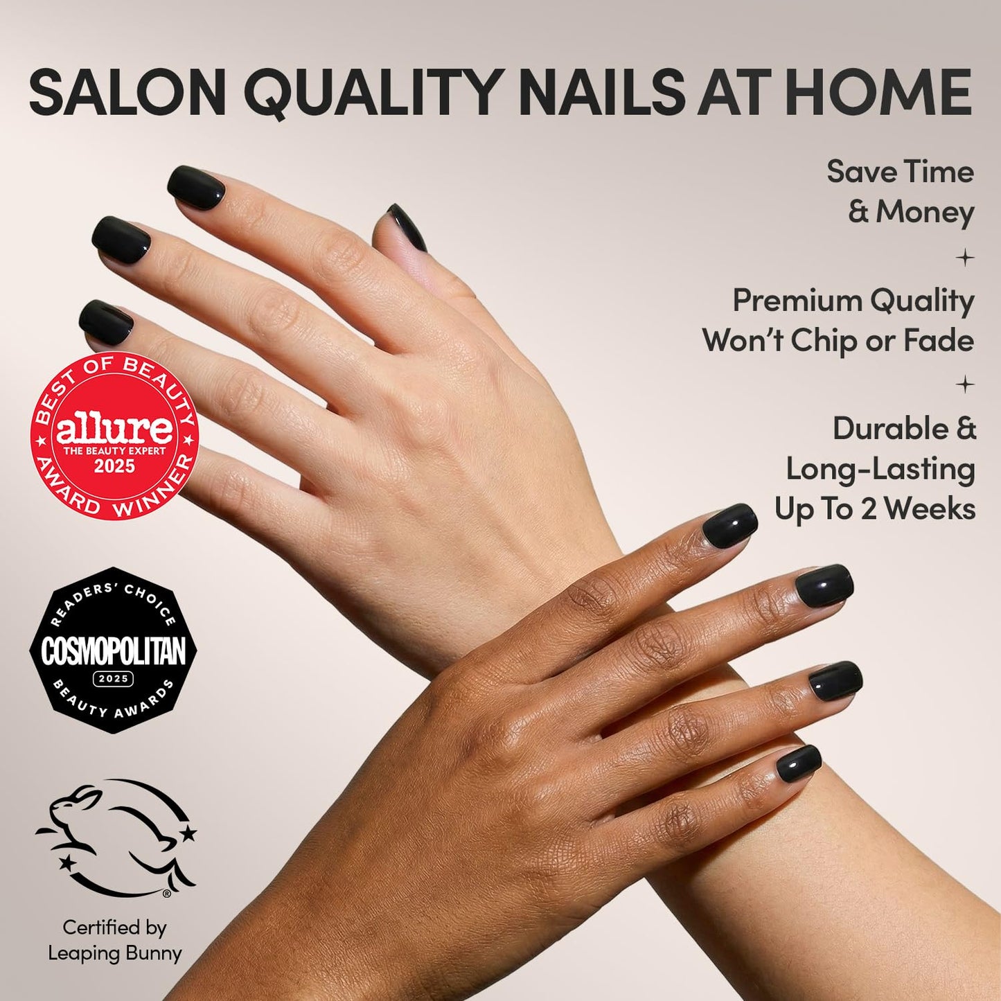 Glamnetic Press On Nails - Jet Black | Short Squoval Black Fake Nails with a Glossy Finish, Salon Quality Halloween Nails | 15 Sizes - 30 Nail Kit with Glue