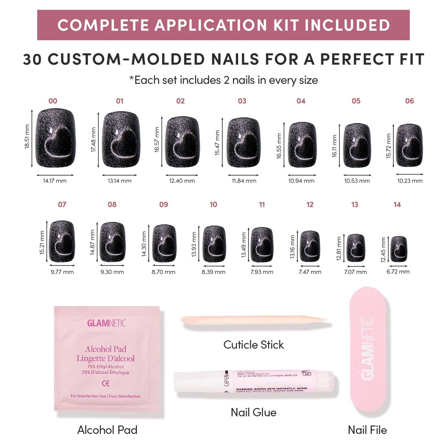 Glamnetic Press-On Nails Bundle - Midnight Romance, Jet Black & Red Bottom | Squoval Black Fake Nails with Magnetic Cat-Eye Design | Squoval Black Fake Nails with a Glossy Finish | Red Acc