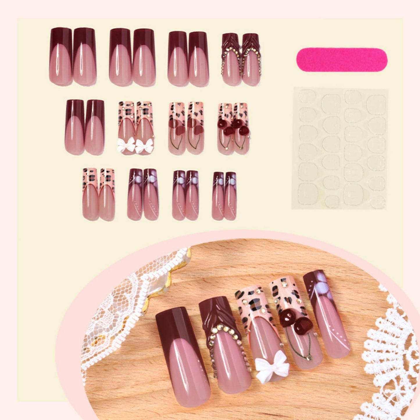 Long Square Press on Nails Fake Nails Artificial Nail Stick on Nail for Women, Cherry & Leopard Design with Red Ombre French Tip and White Bow Accents