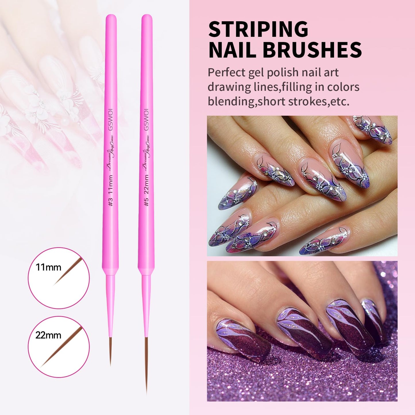 Nail Brush Set for Nail Art Liner Brushes,GSWOI 5Pcs Thin Liner Striping Brush for Nails Gel Polish Painting Designs Elongated Lines -Sizes 7/9/11/15/22mm(Yellow)