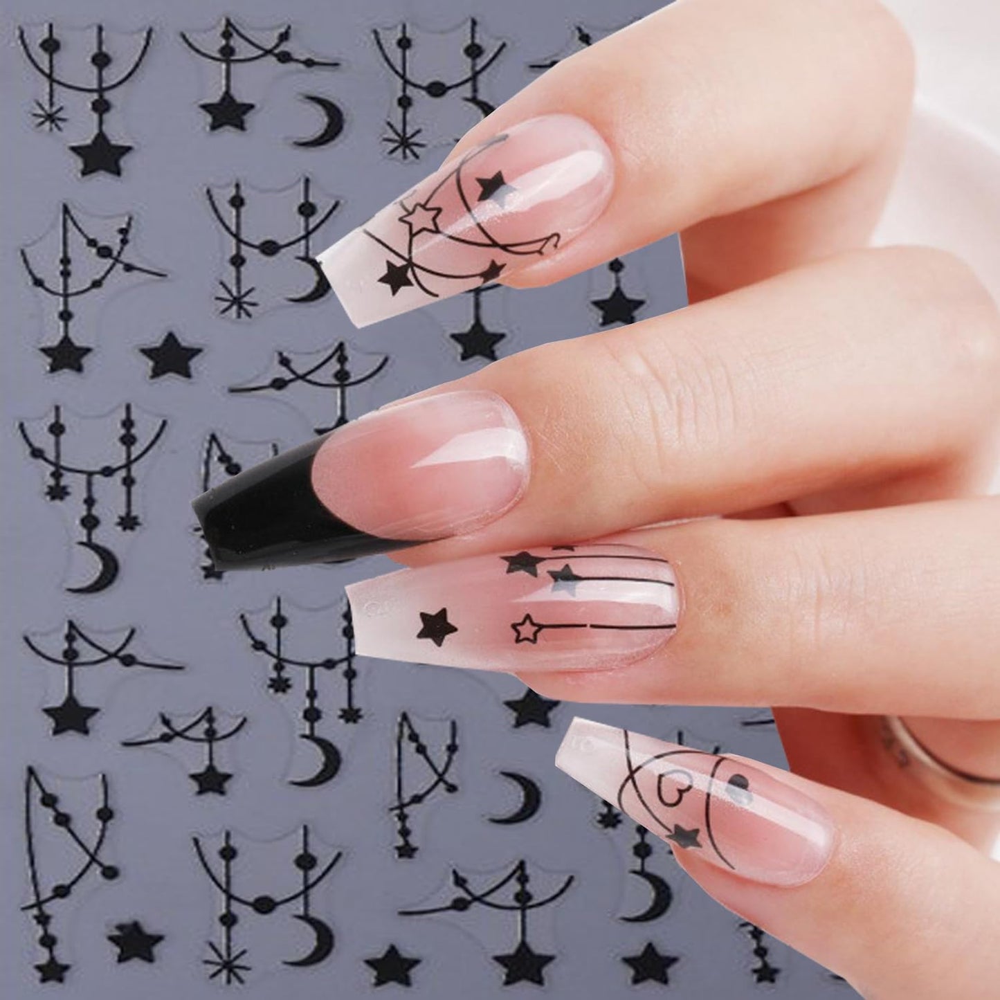 CJDLTS 6 Sheets Moon Star Nail Art Stickers 3D Self -Adhesive Hollow Stars Nail Decals Holographic Black & Silver Pendant Star Moon Nail Stickers Unique Nail Decoration for Women Manicure Supplies
