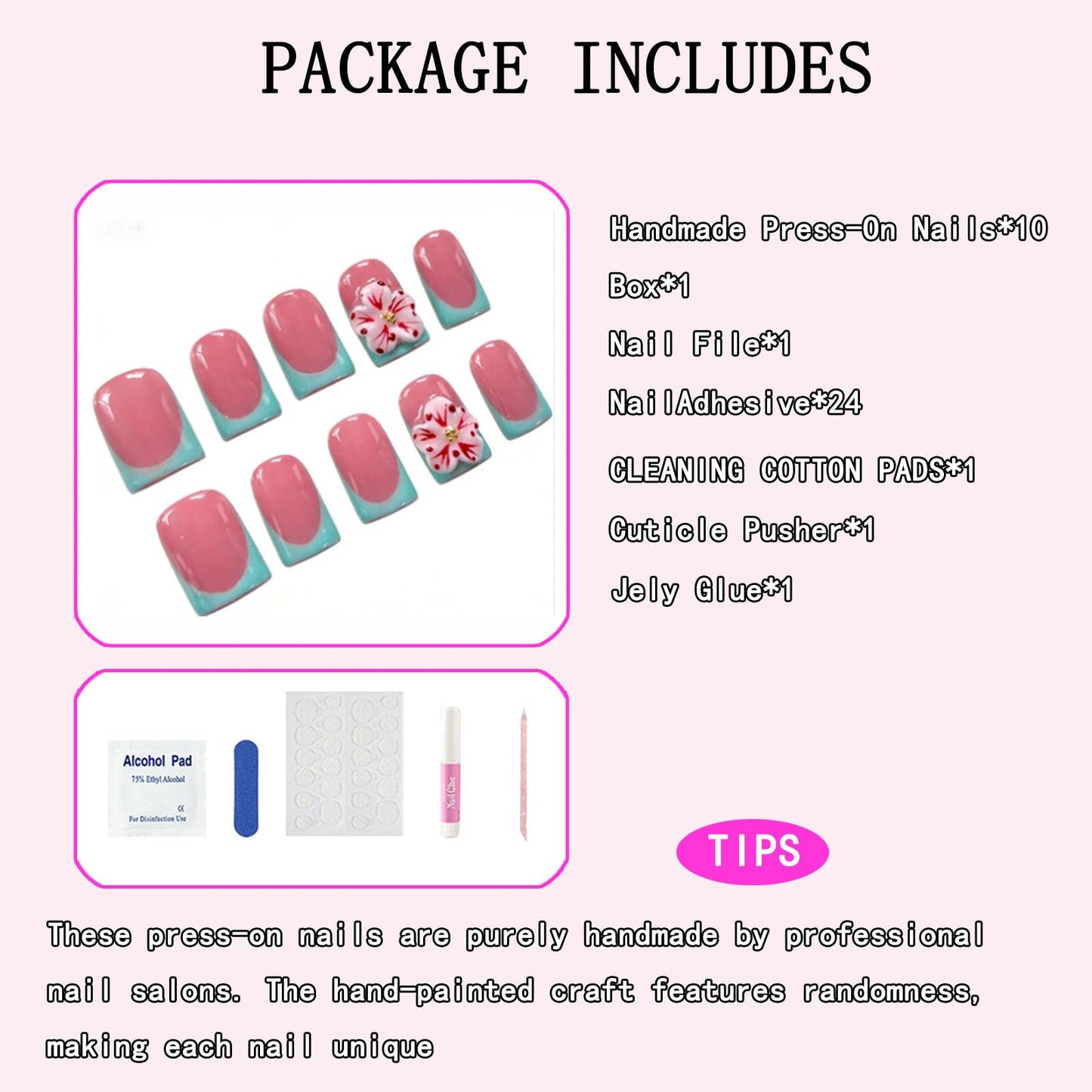 Short Square Handmade Press on Nails 3D Flower Green French Tip Reusable Thick Shiny Gel Nails Full Cover Stick on Nail for Women Party & Daily Wear 10Pcs (Size M)