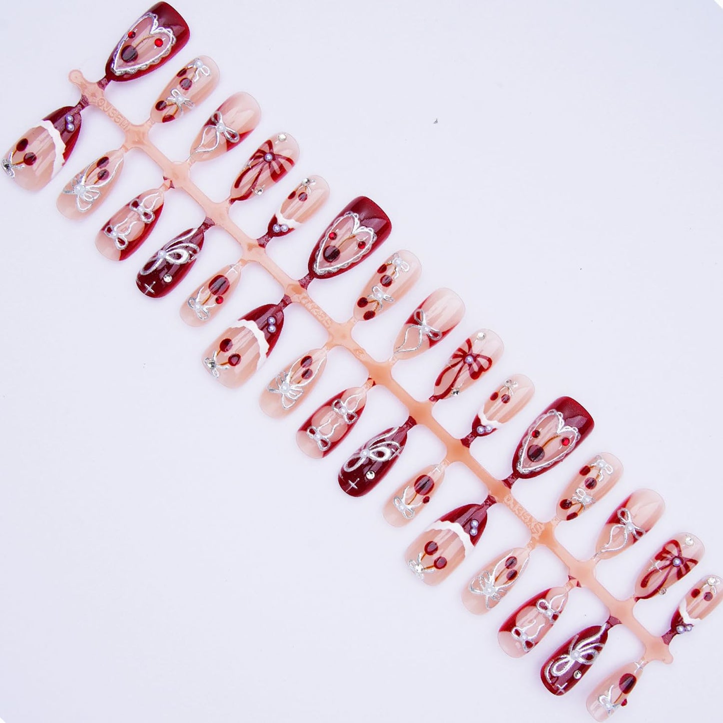 30pcs French Tip Press on Nails Medium Almond Fake Nails with 3D Bow Pearl Sweet Style French Cherry False Nails Cute Bow Press on Full Cover Artificial Glue on Nails Rhinestone Stick on for Women