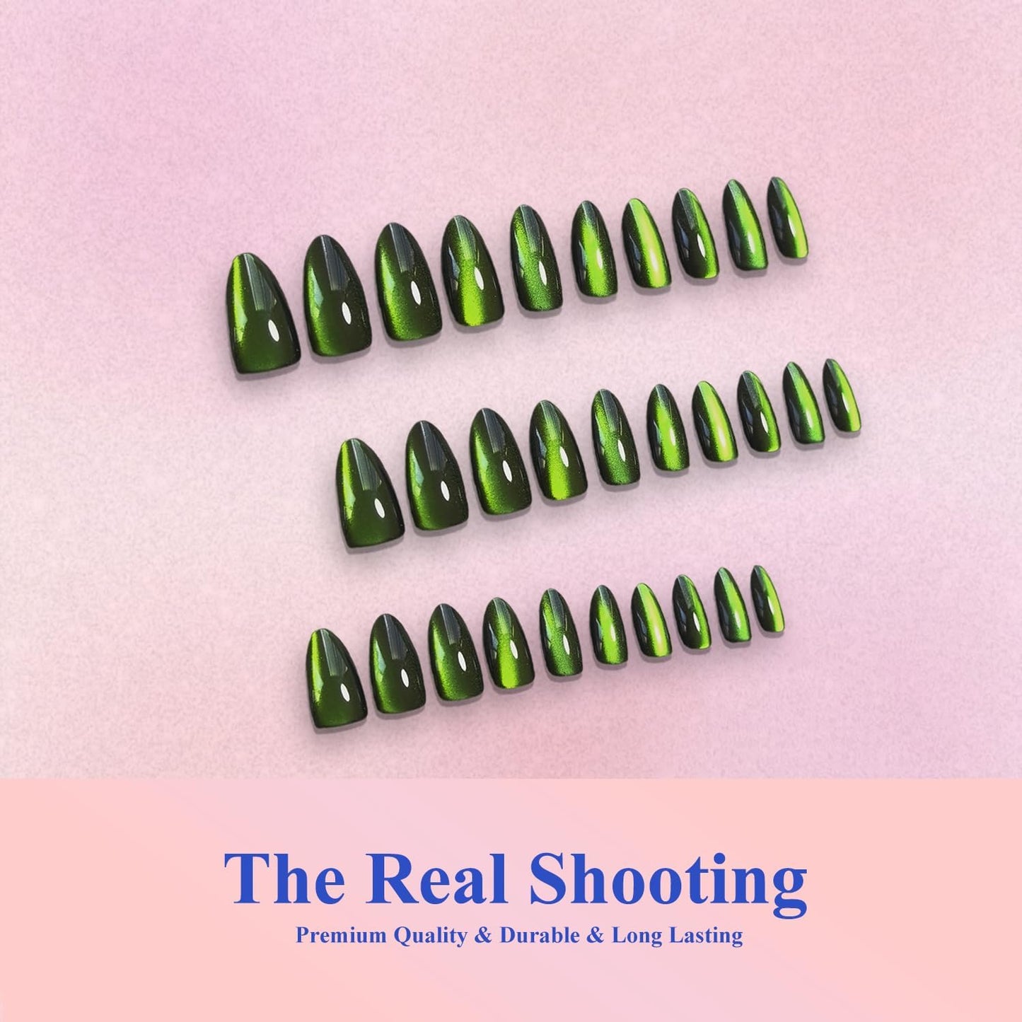 KQueenest Cat Eye Press On Nails Almond - Dark Lime Green Press On Nails Medium Stiletto, 30 Pcs 15 Sizes Glitter Fake Nails Press ons Black, Upgrade Thick Quality Glue on Nail for Women Party