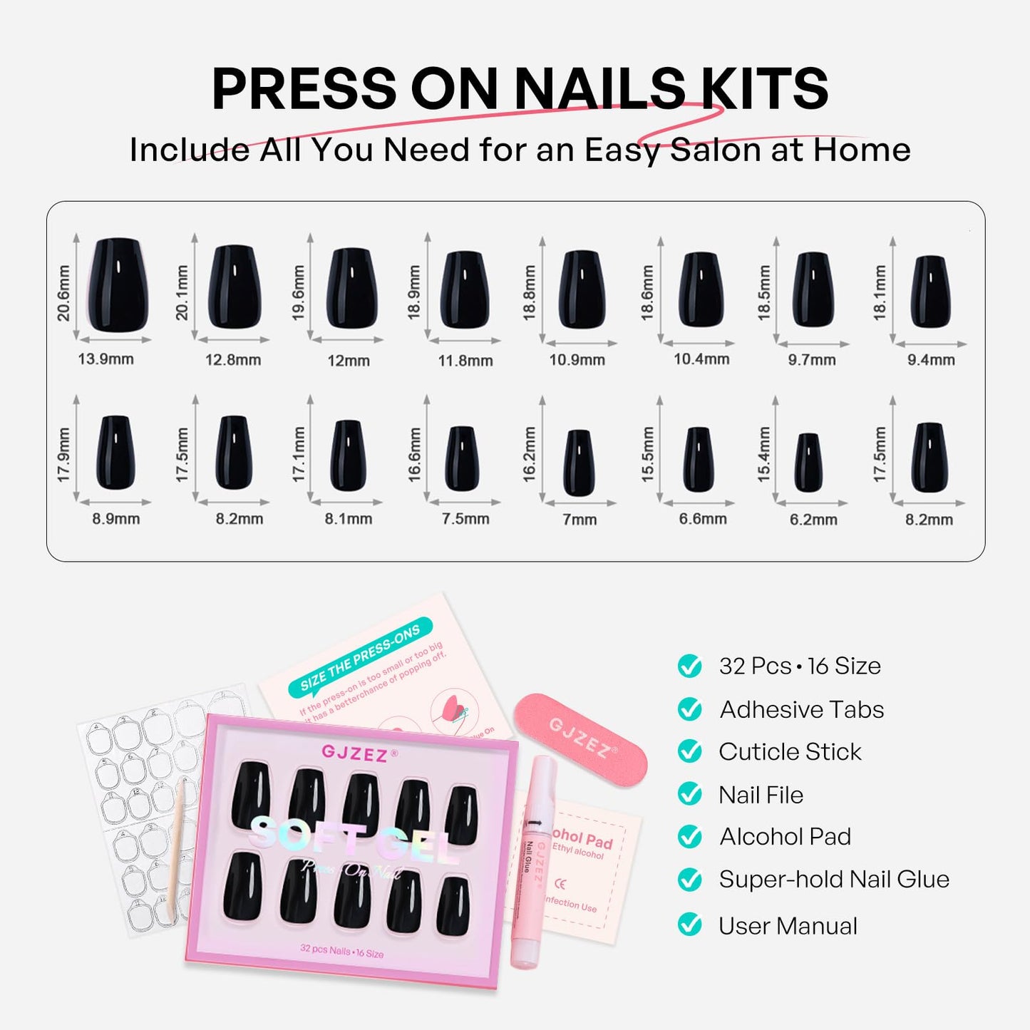 Black Coffin Halloween Press on Nails Medium - GJZEZ Soft Gel Ballerina Glossy Square False Nails, Natural Fit T-Shape Acrylic Glue on Nail for Women | 16 Sizes - 32 pcs Reusable Nails, Classic Black
