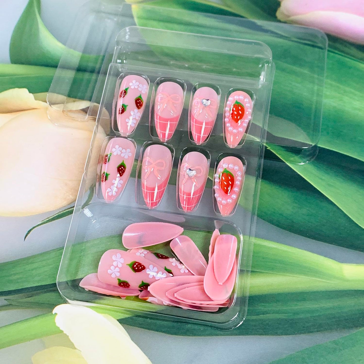 EYZOTSF Press on Almond Nails Medium Length Glossy Full Cover Acrylic Almond Shaped False Nails with Designs Artificial Fake Nail with Charms Glue Stick ons Fingernails for Women Girls(Z1105)