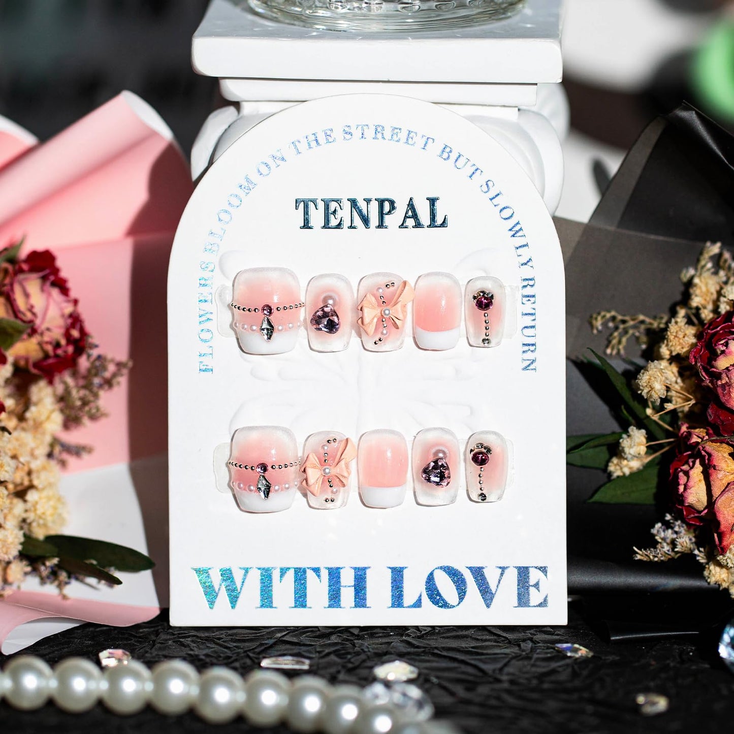 TENPAL French Tip Press on Nails Extra Short Acrylic Fake Nails With Beads Pearls Bow Charms 10pcs/Box Cute Natural Pink Nails Press ons For Women Girls Reusable Artificial Nails for Daily Wear(S)