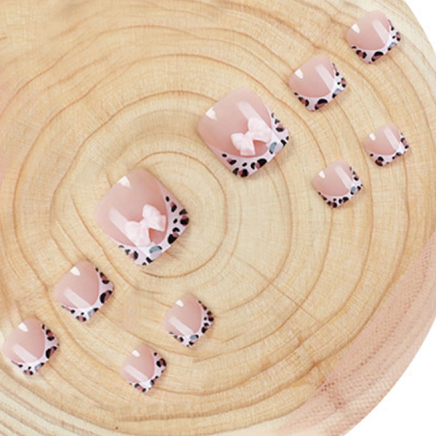 Leopard Print Bow Press-On Toenails Square False Toenails Cute 3D French Bow Design Bright Pink Acrylic Full Cover Toenail Stickers Women Girls Toenail Decorations 24 pcs
