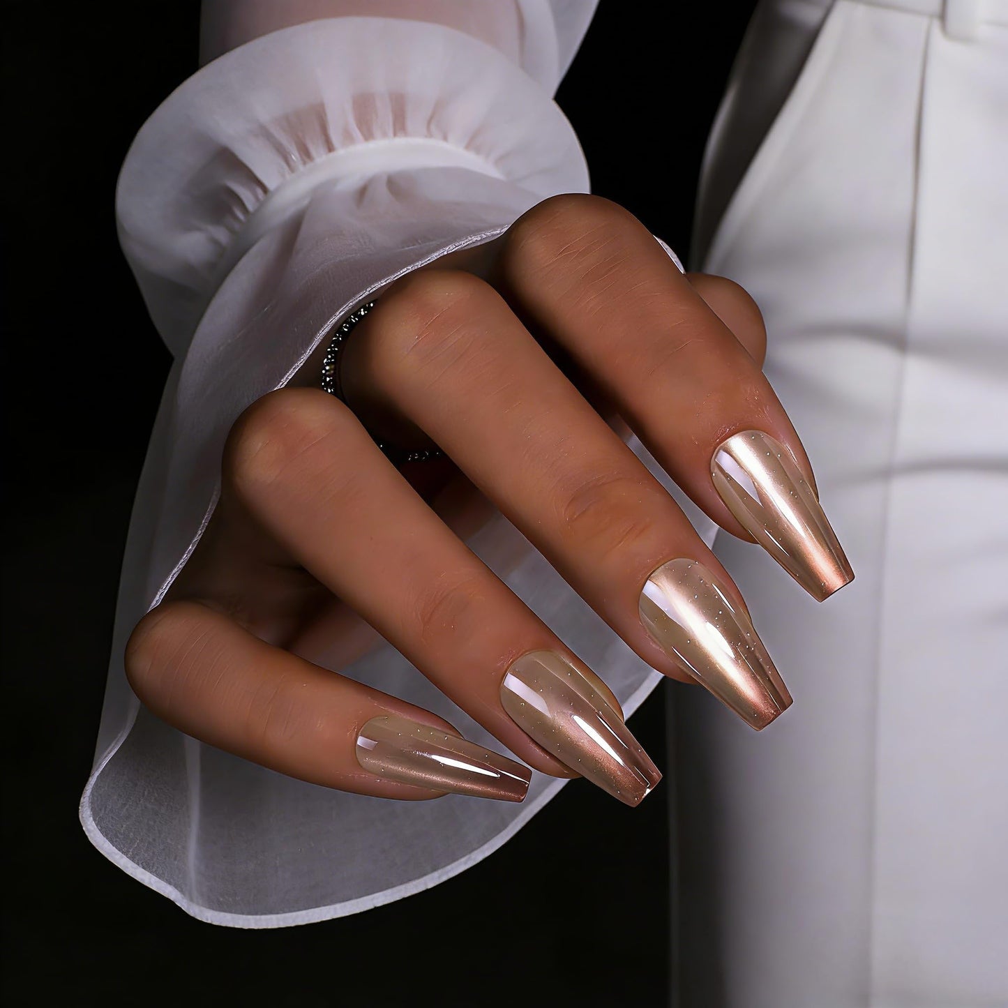 SXVME French Press On Nails Long Square - Chrome Ombre Press on Nails with Glue for Women, Nude Brown Fake Nails Press ons, Glazed Shiny Gel Glue on Nails Coffin, Reusable Nail Stick Ons, 30 Pcs