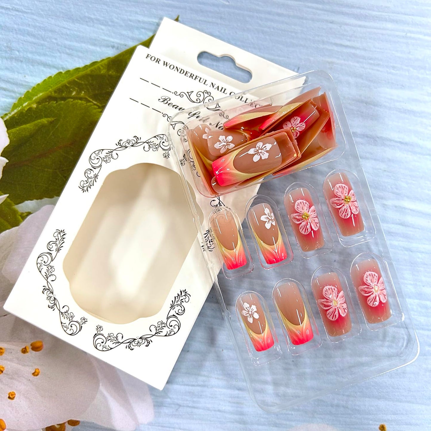 Flower Press on Nails Medium Square French 3D Pink Gradient False Nails Gold Rhinestones Design Full Cover Coffin Nails Acrylic Artificial Nails French Stick on Nails DIY Glue on Nails for Women