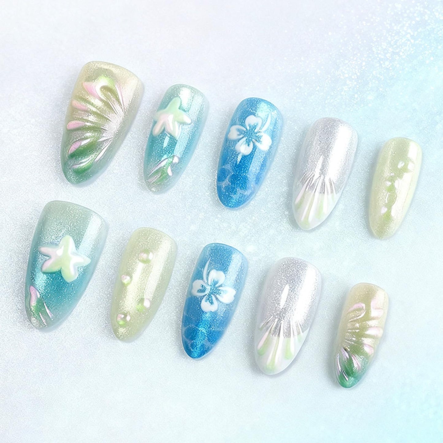 Ocean Press on Nails 3D Starfish False Nails with Seashell Design Medium Almond Fake Nail Glossy Sparkly Blue Gradient Glue on Nail White French Tips Stick on Fingernails for Women Summer Daily Wear