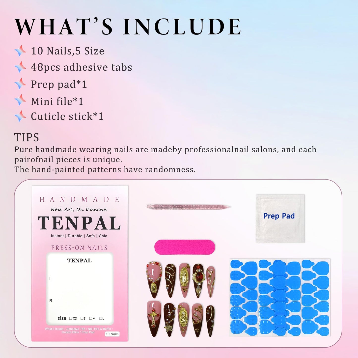 TENPAL Handmade Press on Nails Long Stiletto - Nude Pink Wine Cross Design Fake Nails with 3D Religious Charm | Acrylic Glossy Icy False Nails with Tools | Chapelcore Y2K Nails(S)