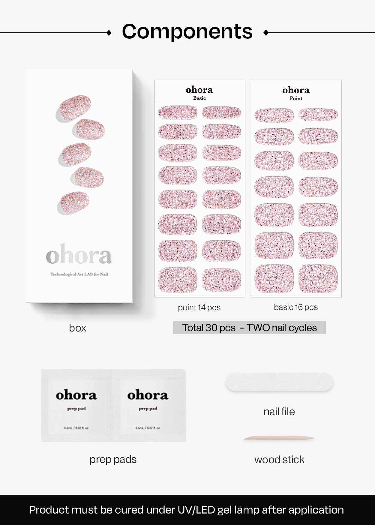 ohora Semi Cured Gel Nail Strips (N Pixie Dust) - Nude, Glitter, Works with Any UV/LED Lamps, Salon-Quality, Long Lasting, Easy to Apply & Remove - Includes 2 Prep Pads, Nail File & Wooden Stick
